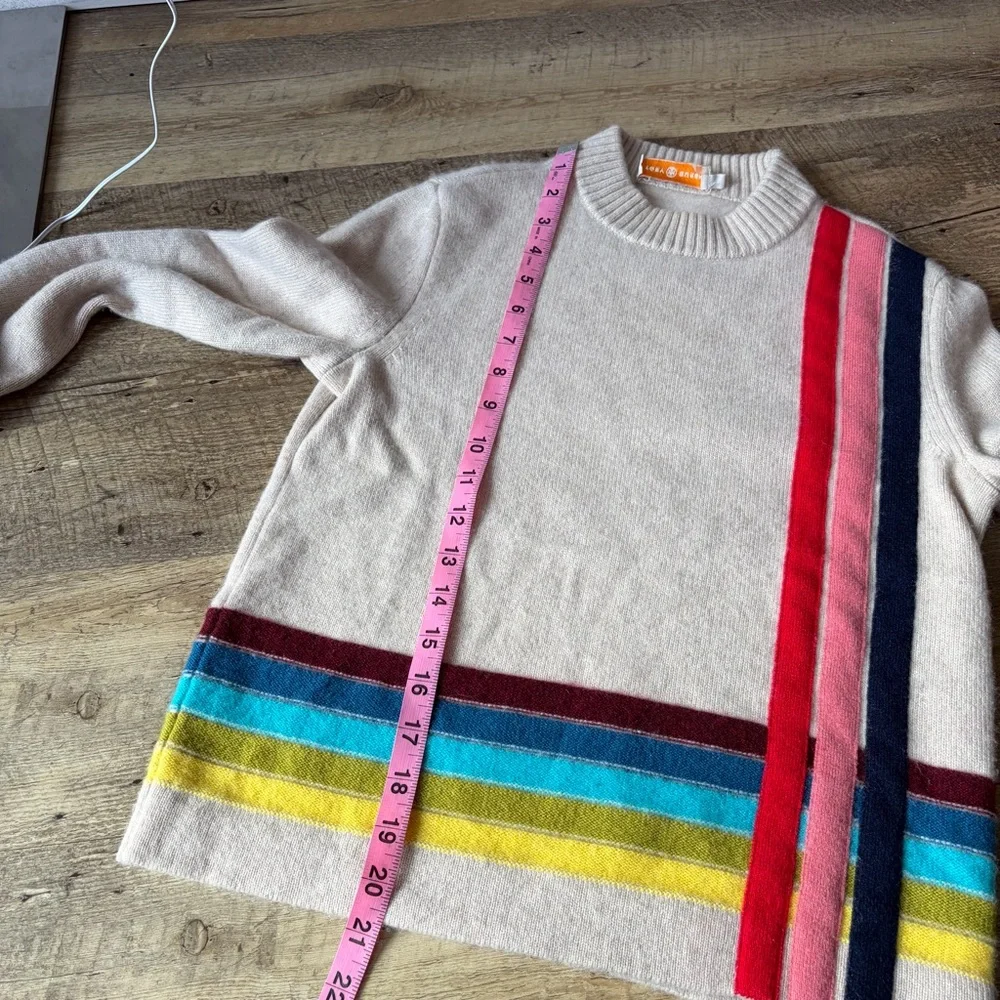 Tory Burch Oatmeal Rainbow Stripe Cashmere Crewneck Sweater